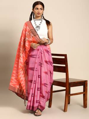 SWATIKA Pink Cotton Traditional ikat Women's  Saree With Blouse piece 4