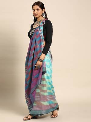 SWATIKA Green Cotton Traditional ikat Women's  Saree With Blouse piece 2