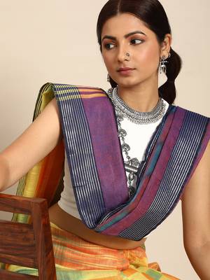 SWATIKA Yellow Cotton Traditional ikat Women's  Saree With Blouse piece 1