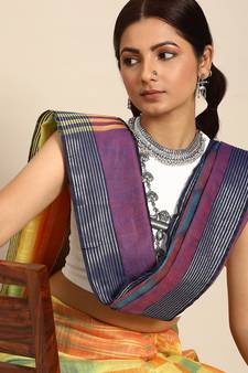 SWATIKA Yellow Cotton Traditional ikat Women's  Saree With Blouse piece