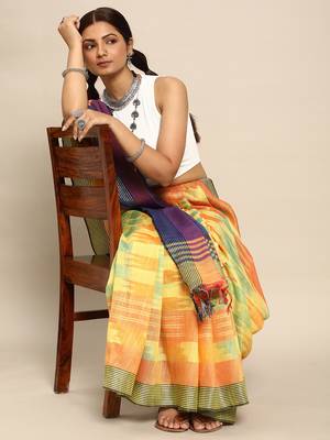 SWATIKA Yellow Cotton Traditional ikat Women's  Saree With Blouse piece 3