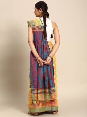 SWATIKA Yellow Cotton Traditional ikat Women's  Saree With Blouse piece 4