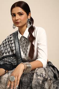 SWATIKA Black Cotton Traditional batik Women's  Saree With Blouse piece