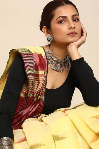 SWATIKA Yellow Cotton Traditional ikat Women's  Saree With Blouse piece