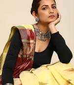 SWATIKA Yellow Cotton Traditional ikat Women's  Saree With Blouse piece