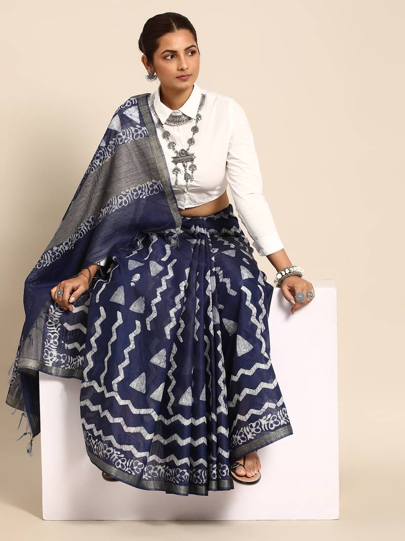 SWATIKA Blue silk blend Traditional batik Women's  Saree With Blouse piece