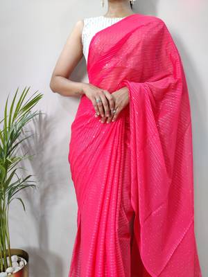 Gajari Colour Crochet Work Georgette Saree WITH UN-STITCHED BLOUSE 6
