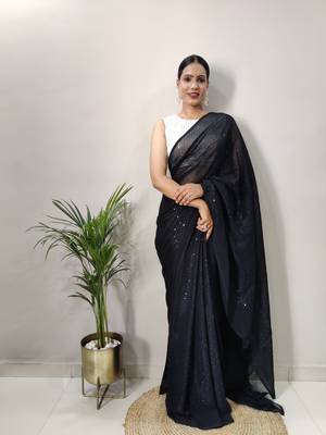 Black Colour Crochet Work Georgette Saree WITH UN-STITCHED BLOUSE 1