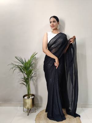 Black Colour Crochet Work Georgette Saree WITH UN-STITCHED BLOUSE 3