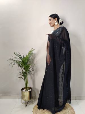 Black Colour Crochet Work Georgette Saree WITH UN-STITCHED BLOUSE 4