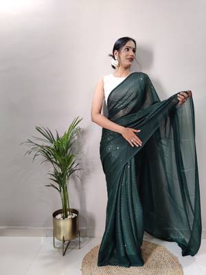 Green Colour Crochet Work Georgette Saree WITH UN-STITCHED BLOUSE 5