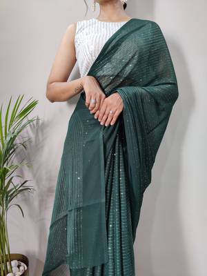 Green Colour Crochet Work Georgette Saree WITH UN-STITCHED BLOUSE 6