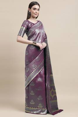Purple Woven Art Silk Saree With Blouse 4