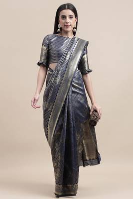 Blue Woven Art Silk Saree With Blouse 4