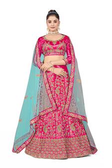 Pink embroidered satin semi stitched lehenga