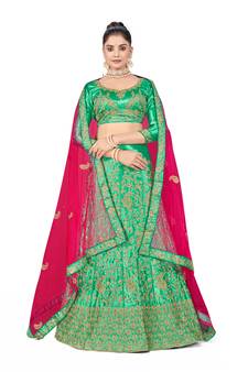 Green embroidered satin semi stitched lehenga