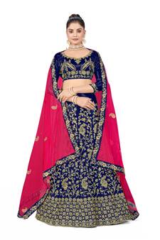 Blue embroidered satin semi stitched lehenga