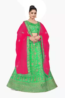 Green embroidered satin semi stitched lehenga