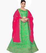 Green embroidered satin semi stitched lehenga