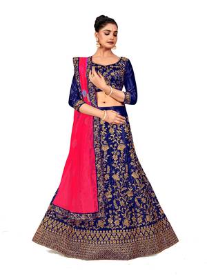 Blue embroidered satin semi stitched lehenga 1