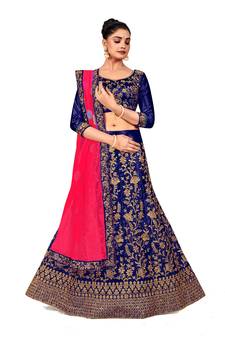 Blue embroidered satin semi stitched lehenga