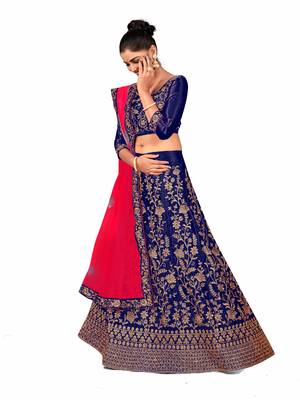 Blue embroidered satin semi stitched lehenga 2