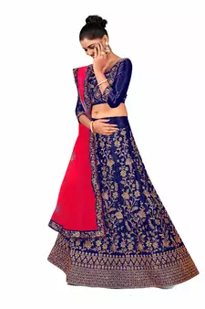 Blue embroidered satin semi stitched lehenga