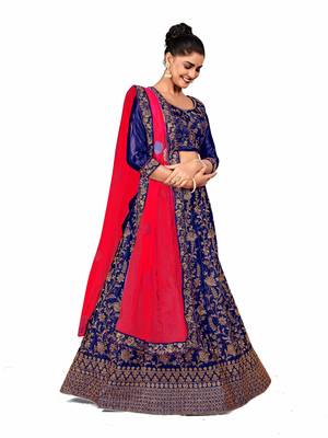 Blue embroidered satin semi stitched lehenga 4