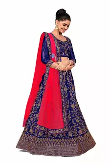 Blue embroidered satin semi stitched lehenga