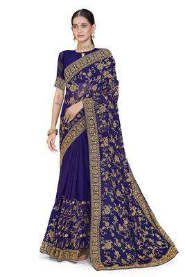 Navy blue embroidered georgette saree with blouse 1
