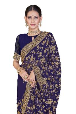 Navy blue embroidered georgette saree with blouse 2