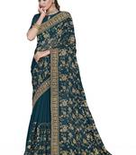 Teal embroidered georgette saree with blouse