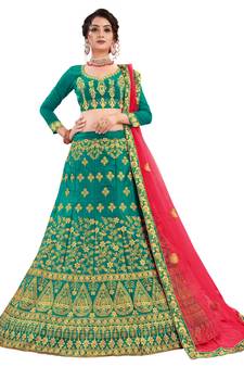 Green embroidered satin semi stitched lehenga