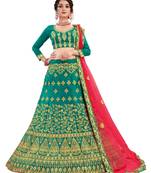 Green embroidered satin semi stitched lehenga
