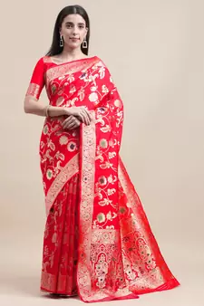 Red woven Foux  kanjivaram Art Silk saree with blouse