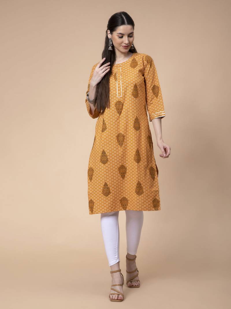 Mustard printed cotton kurtas-and-kurtis