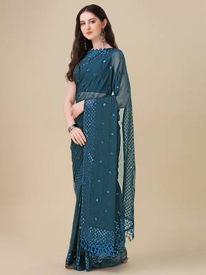 Blue embroidered georgette saree with blouse 2