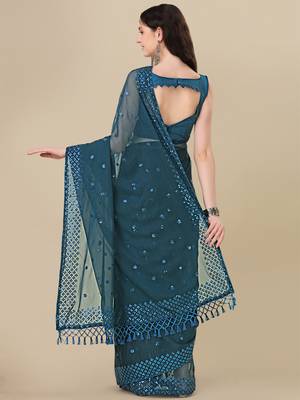 Blue embroidered georgette saree with blouse 3