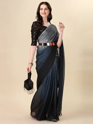 Grey plain silk saree with blouse 1