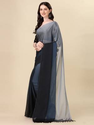 Grey plain silk saree with blouse 2