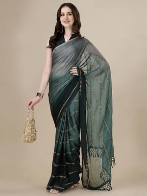 Green embroidered silk saree with blouse 1