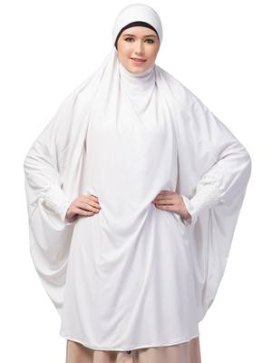 Nazneen Ready to Wear tie at back smoking at wrist with Naqab instant Khimer Prayer hijab For Hajj and Umrah 1
