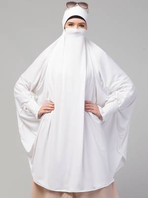 Nazneen Ready to Wear tie at back smoking at wrist with Naqab instant Khimer Prayer hijab For Hajj and Umrah 3