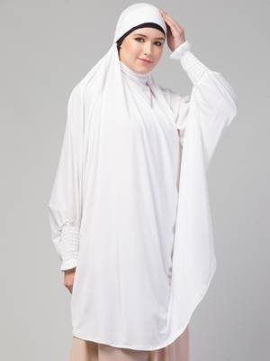 Nazneen Ready to Wear tie at back smoking at wrist with Naqab instant Khimer Prayer hijab For Hajj and Umrah 4