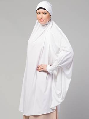 Nazneen Ready to Wear tie at back smoking at wrist with Naqab instant Khimer Prayer hijab For Hajj and Umrah 5