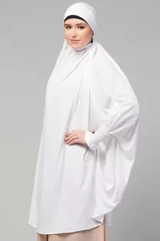 Nazneen Ready to Wear tie at back smoking at wrist with Naqab instant Khimer Prayer hijab For Hajj and Umrah
