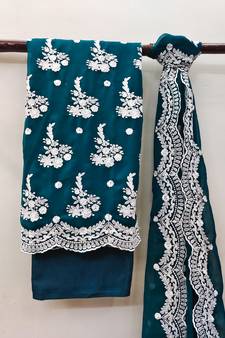 Teal-blue embroidered georgette salwar