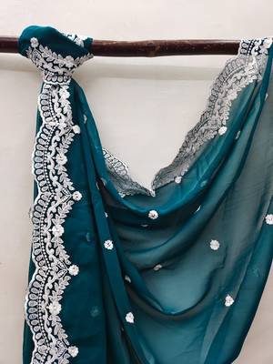 Teal-blue embroidered georgette salwar 4