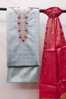 Teal-blue woven jacquard salwar
