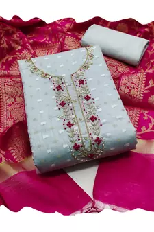Teal-blue woven jacquard salwar